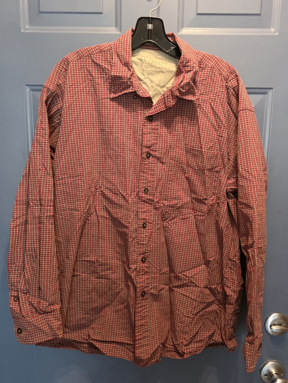 Mens XL Haggar Red Check Plaid Button-Up Shirt